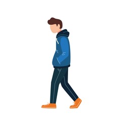 man in blue hoodie walking side view flat illustration.