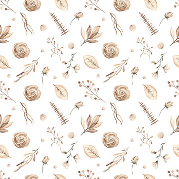 Christmas plants, leaves, berries, branches, flowers, foliage, fir branches in brown on a white background watercolor seamless winter pattern