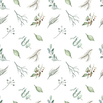 Christmas plants, leaves, berries, branches, foliage, spruce branches in green on a white background watercolor seamless winter pattern