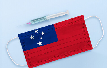 Flag of Samoa on Medical protective Surgical mask and vaccine. Coronavirus vaccine and vaccination...