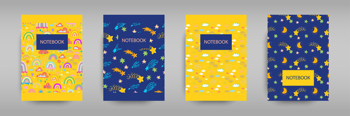 Set iridescent covers for notebooks with Boho girlish rainbows, clouds and stars. For the design of children s books, brochures, templates for school diaries. Vector illustration Yellow and blue
