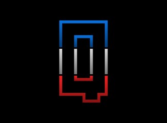 Q letter vector desing, outline stroke font logo. Dynamic split grey,  blue color on black background. For social media,design elements, creative poster, web template and more