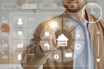 Man using futuristic interface of smart home automation