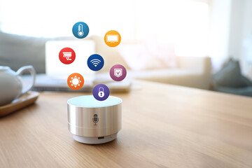 Smart home assistant device on table in room