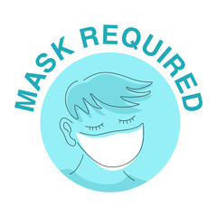 Mask required warning attention sign - cute character in thin line with face mask in creative circle frame - isolated vector information picture