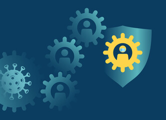 Need to wear a face mask - necessity in COVID-19 pandemic times - people as gear box with one that in mask  and protected by shield