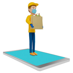 3D rendering. A man in uniform from a delivery service with a box in his hands.