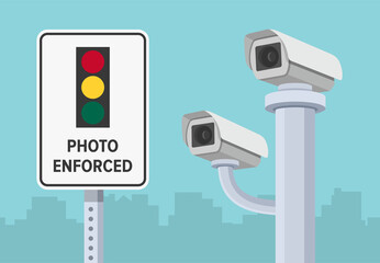 Street security surveillance or road safety cameras. Photo enforced traffic light sign. Close-up view. Flat vector illustration template.