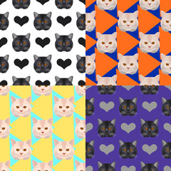 Seamless pattern collection with cat portraits, set of vector illustrations for background, wrap, scrapbook, wallpaper © Melek8