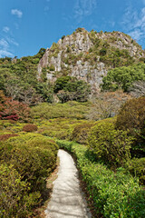 view of mount Mifune from a path in Mifuneyama rakuen park locate in Takeo city, saga prefecture, Japan