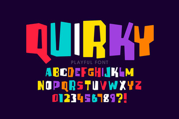 Quirky playful style childish font, alphabet letters and numbers vector illustration