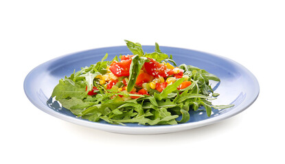 Plate with tasty arugula salad on white background