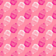 Seamless pattern with hand drawn cupcakes on pink background, vector illustration