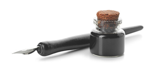 Nib pen and inkwell on white background