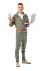 Young man with laptop and money on white background. Concept of sports bet