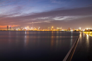 Fototapeta premium Shot of a Dubai city skyline at night from Dubai creek harbour. UAE. Outdoors