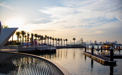 View of a Dubai city skyline from the wharf on Dubai creek harbour. UAE. Outdoors