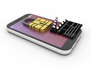 3d rendering Transmitter mobile protection lock with Film clap board
