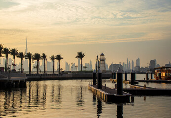 View of a Dubai city skyline from the wharf on Dubai creek harbour. UAE. Outdoors