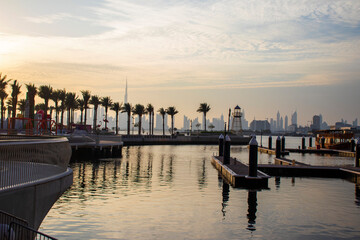 View of a Dubai city skyline from the wharf on Dubai creek harbour. UAE. Outdoors