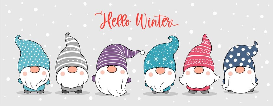 Draw banner gnomes in snow For winter and Christmas