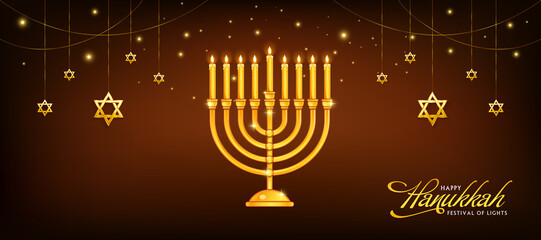 Vector image of Jewish Holiday, Happy Hanukkah celebration background with Menorah (Traditional Candelabra) and illuminated candles on dark brown background. - obrazy, fototapety, plakaty