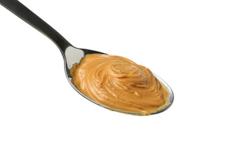 Spoon with peanut butter isolated on white background