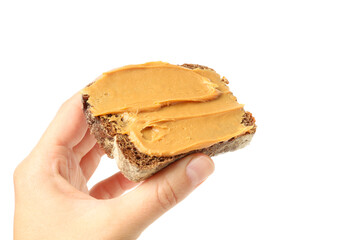 Female hand hold sandwich with peanut butter, isolated on white background