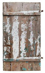 Old rotten curved wooden door of village shed isolated