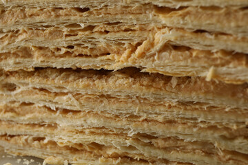 Delicious Napoleon cake on whole background, close up