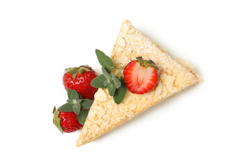 Piece of Napoleon cake with strawberry isolated on white background