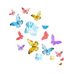 Fototapeta premium Flock of silhouette butterflies on white