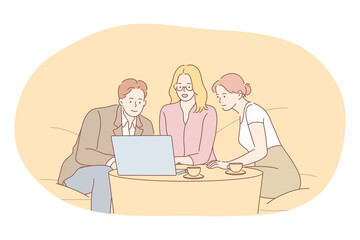 Teamwork, brainstorming, business communication about startup concept. Group of young business people coworkers or partners sitting with laptop and sharing ideas about corporate projects illustration