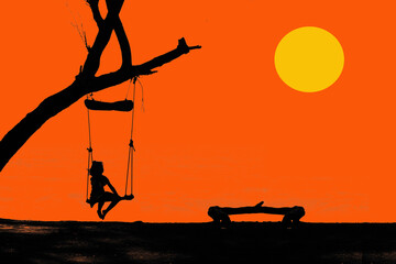 Fototapeta na wymiar silhouette of yong girl on swing under big tree