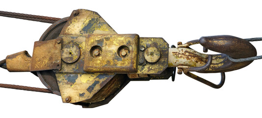Steel hook and winch of an old rusty crane isolated
