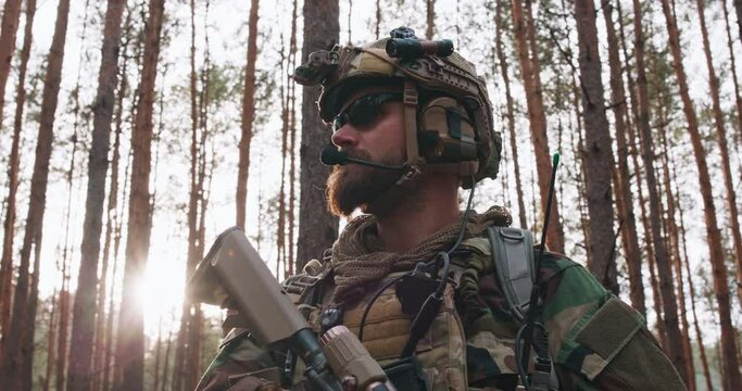 Portrait of a bearded middle-aged soldier in a Woodland military uniform and a cap with headphones on his head, holding a rifle and looking around through the thick pine woods. Sunset glow in the