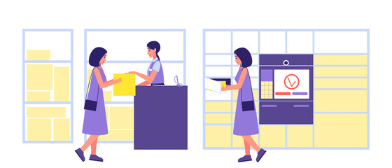 Methods for issuing ordered goods. The postman issues the package to the customer. A girl a buyer in an online store, picks up her order in a automated post station. Flat vector illustration.
