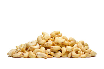 Some cashews piled up on a white background