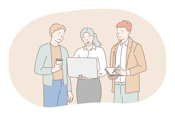 Teamwork, negotiations, business communication about startup concept. Group of young smiling business people coworkers cartoon characters discussing project in office with laptop, coffee and documents