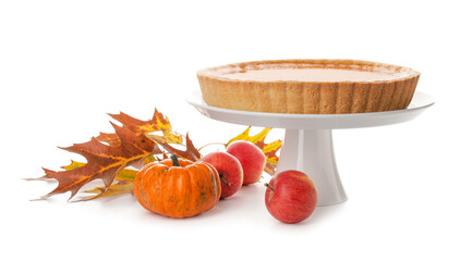 Tasty pumpkin pie on white background