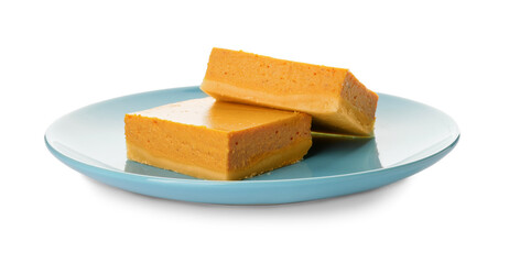 Plate with pieces of tasty pumpkin pie on white background