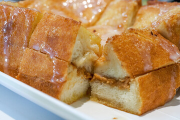 Classic dessert in Hong Kong tea restaurant, deep-fried western toast with condensed milk and...