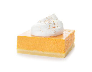 Piece of tasty pumpkin pie on white background