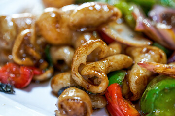 A delicious Chinese dish, fried pork intestines
