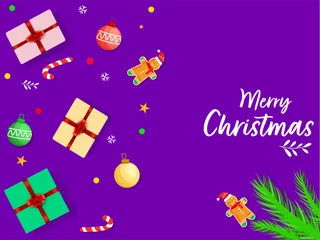 Fototapeten Merry Christmas Font With Top View Of Xmas Festival Elements On Purple Background. © Abdul Qaiyoom