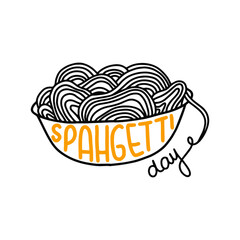 Vector illustration on the theme of National Spaghetti Day on January 4. Decorated with a Lettering and bowl of spaghetti. 