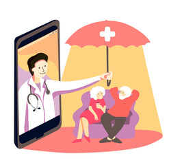 Obraz na płótnie Canvas Doctor defends elderly people with umbrella from mobile phone. Vector concept for remote distant medical protection people online
