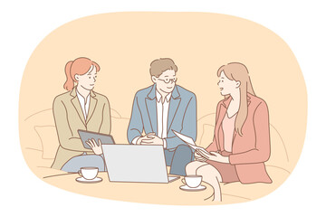 Teamwork, negotiations, business communication concept. Group of young business people office workers partners cartoon characters sitting in office with laptop and coffee and discussing startup