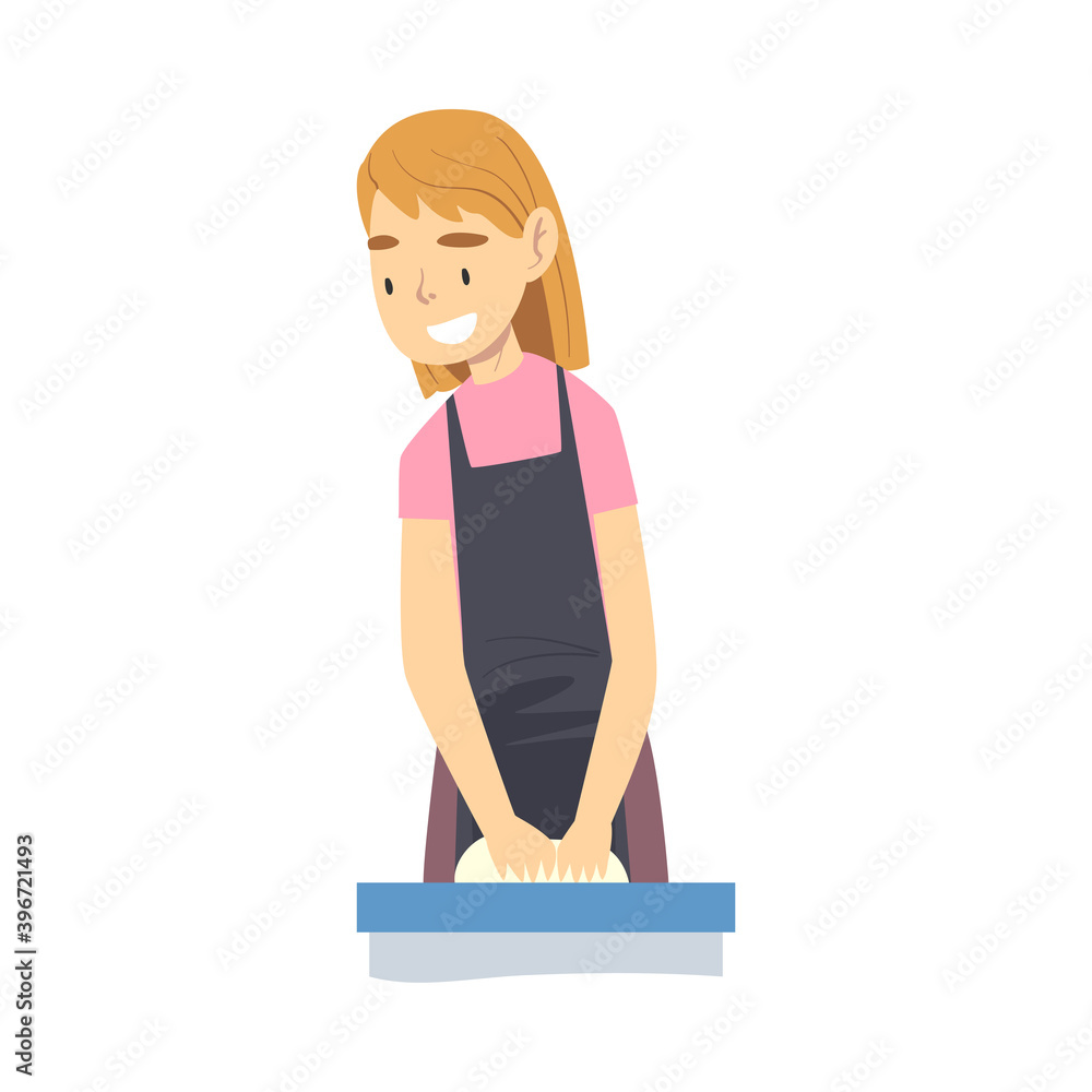 Sticker Smiling Girl in Apron Cooking in the Kitchen, Child Kneading Dough Cartoon Style Vector Illustration