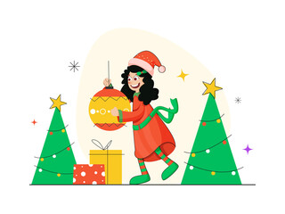Cheerful Girl Holding Bauble With Xmas Trees And Gift Boxes On White Background.